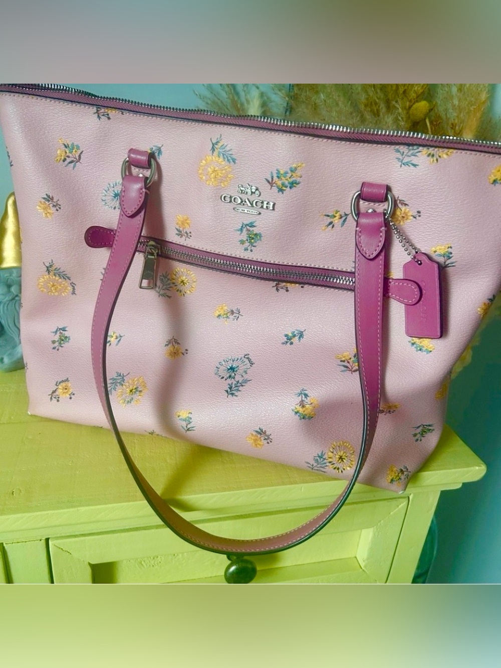 Coach Pink Floral Leather Tote Bag with Purple Handles